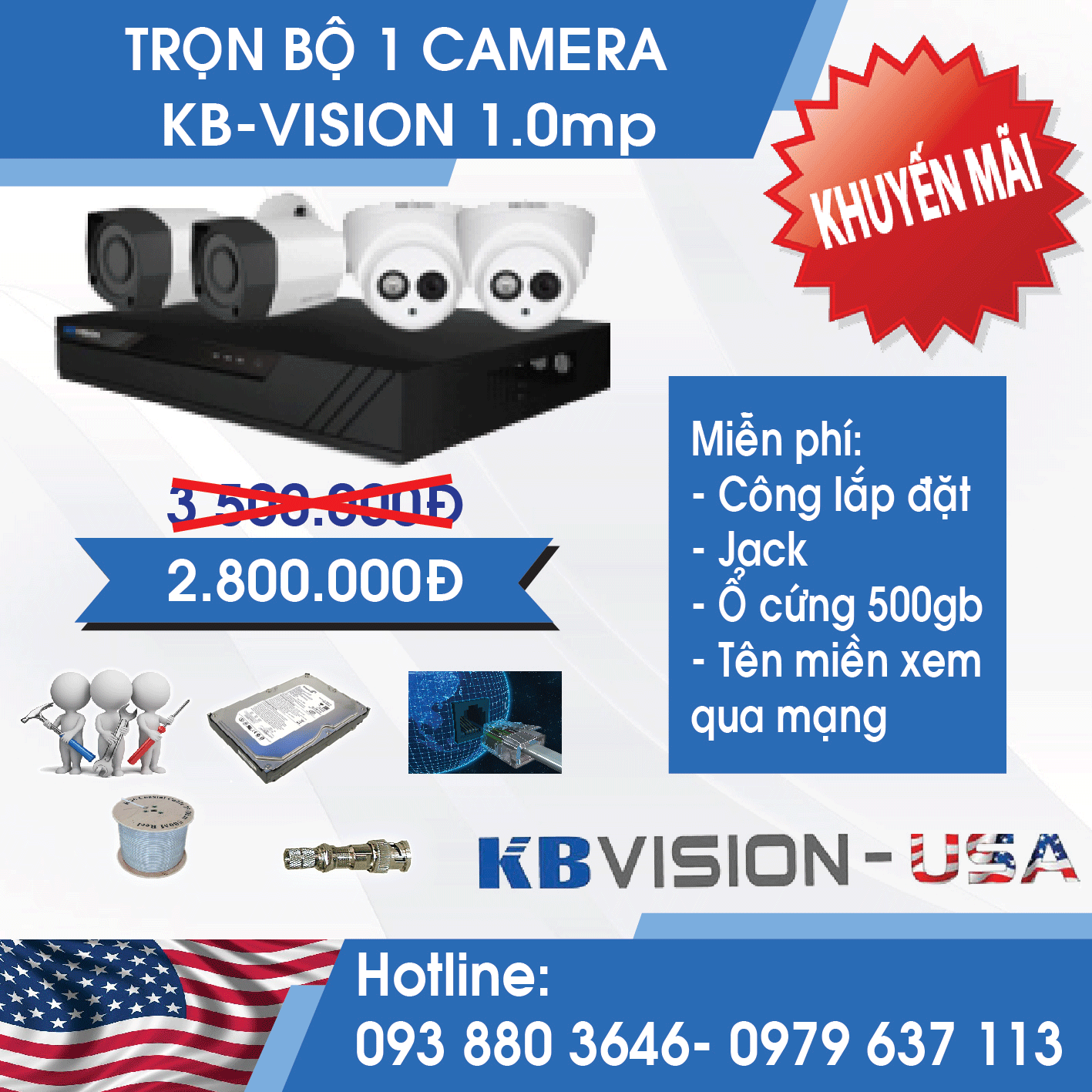 Trọn bộ 1 camera 1.0mp kbvision